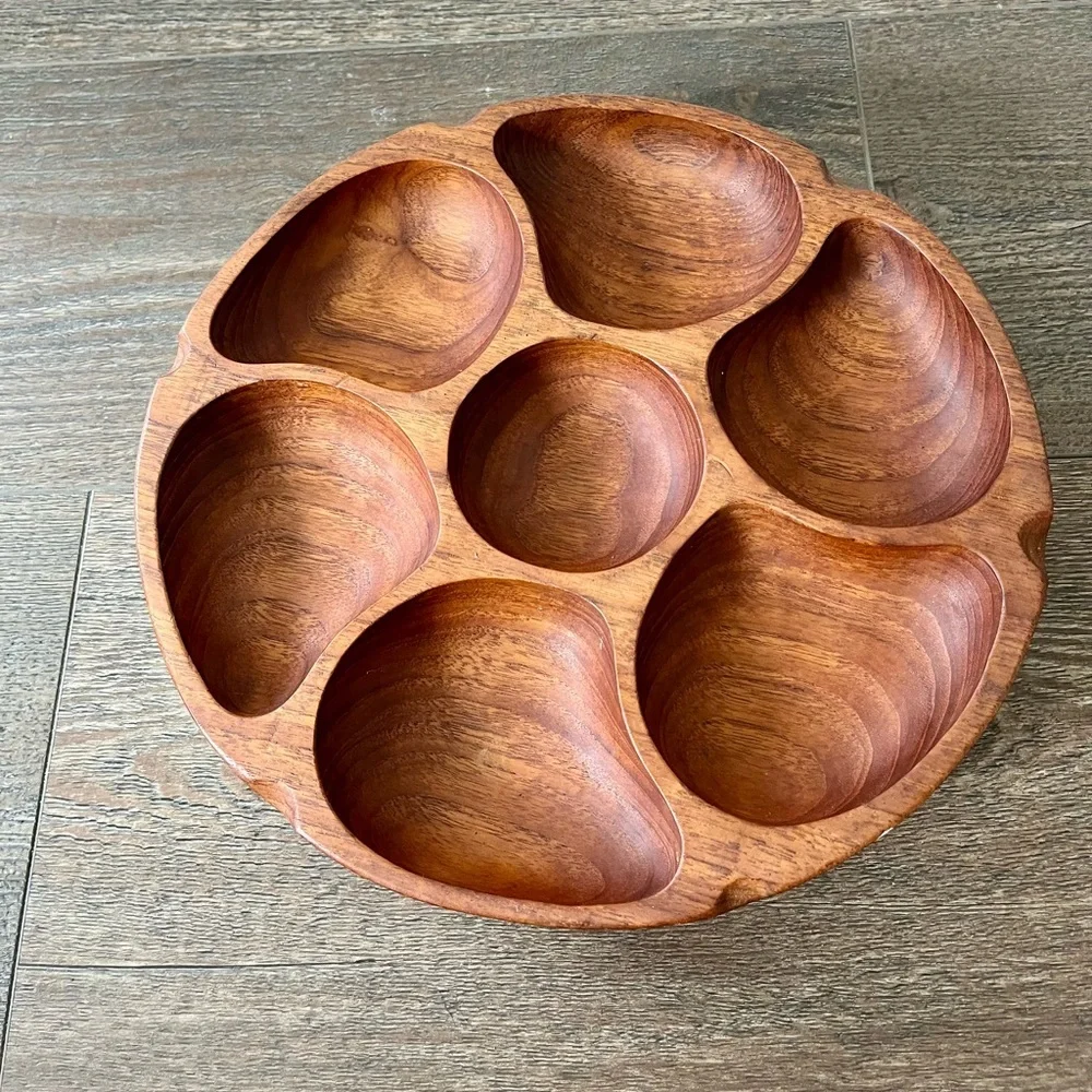 Vintage Teak Wood Lazy Susan Carousel Serving Bowl 12